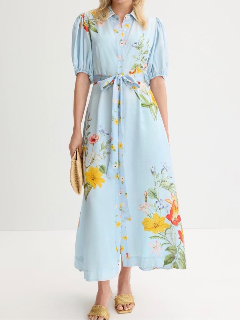 Marley dress Light Blue Floral Maxi Shirt Dress with Self-Tie Waist